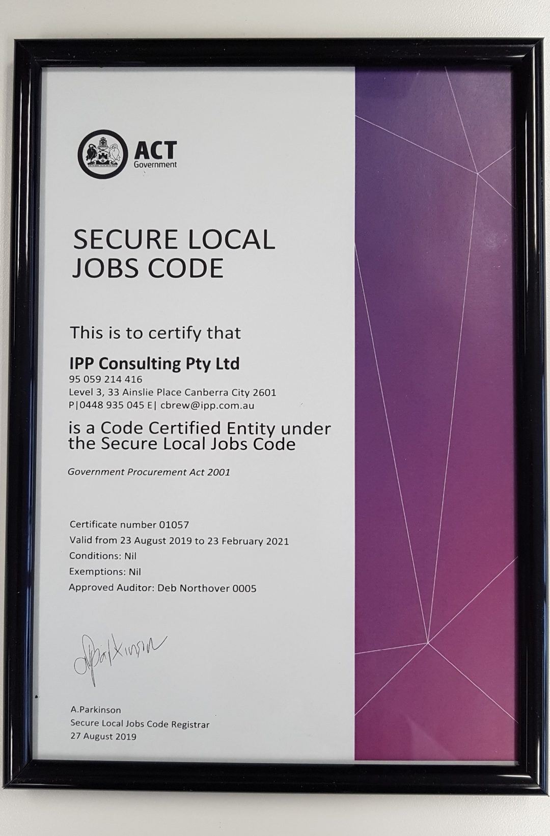 IPP Achieving Certificate for the Secure Local Jobs Code